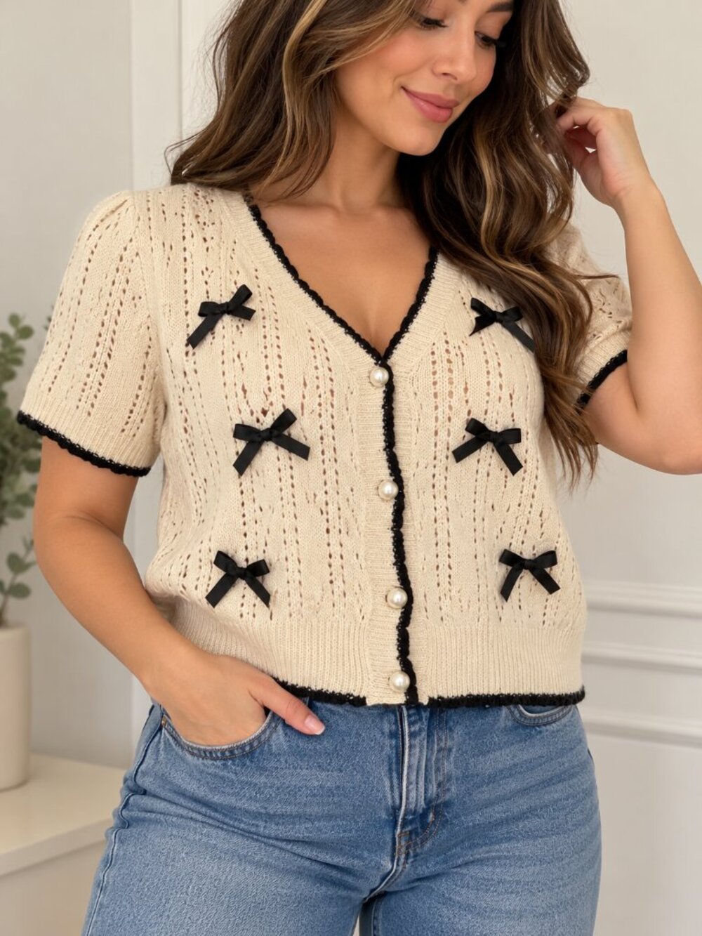 Cream Black Bow Cardigan Short Sleeve Pearl Buttons 2XL